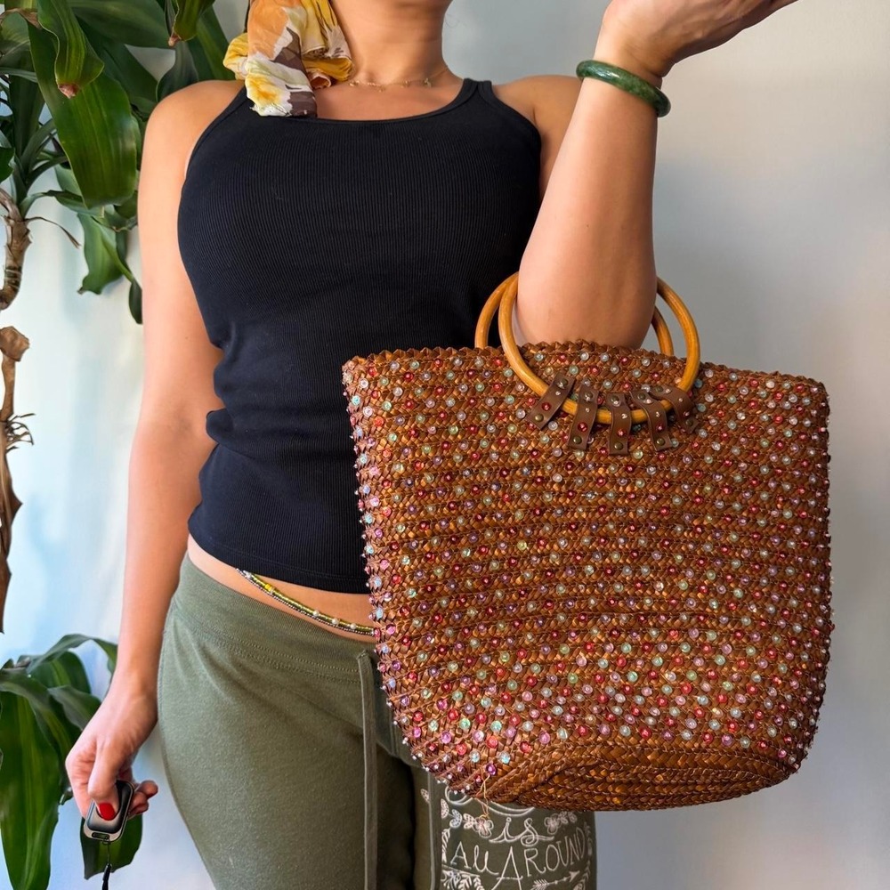 Victoria's Secret Y2K Woven Sequin Beach Tote Bag Wood Handle Brown Pink McBling